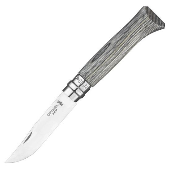 Складной нож Opinel №08, нержавеющая сталь, ручка из березы, серая ручка, 002389 c клинком из стали Sandvik™ 12С27