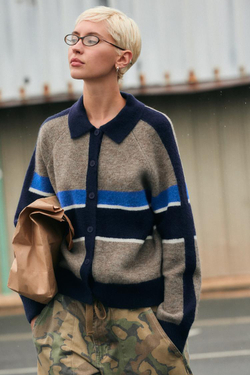 ZARA ТРИКОТАЖНЫЙ КАРДИГАН ПОЛО В ПОЛОСКУ, ЧЕРНЫЙ, СИНИЙ/ЧЕРНЫЙ