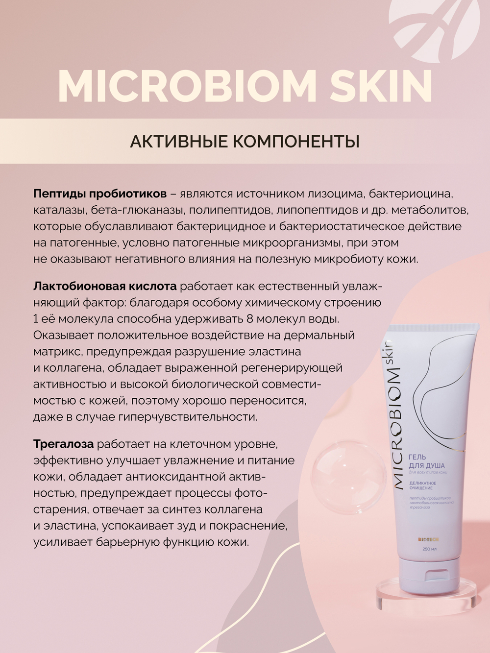 Гель для душа МИКРОБИОМ СКИН(Microbiom Skin) С пептидами пробиотиков, пантенолом и коллагеном для красоты и бережного ухода