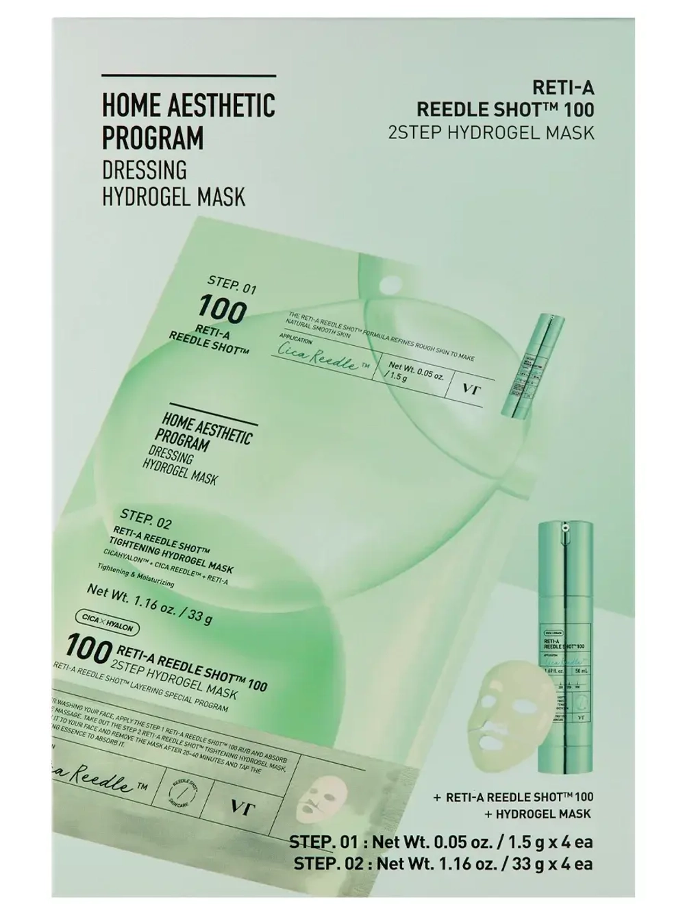 VT Cosmetics Двухступенчатая гидрогелевая маска с микроиглами с ретинолом против морщин и расширенных пор Reti-A Reedle Shot 100 2Step Hydrogel Mask 33 гр х 4 шт