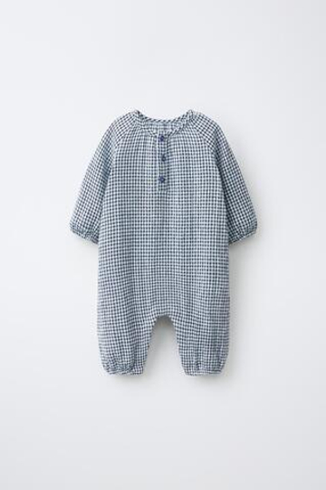 ZARA ДЛИННЫЙ КОМБИНЕЗОН В КЛЕТКУ, СИНИЙ