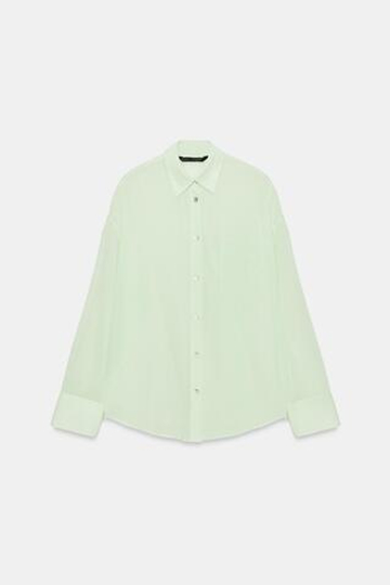 ZARA РУБАШКА ОВЕРСАЙЗ ИЗ ГАЗА С КАРМАНОМ, БЕЛЫЙ/ЗЕЛЕНЫЙ