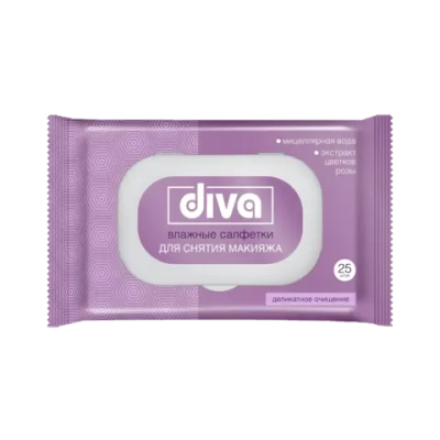 Салфетки влажные DIVA для снятия макияжа с мицеллярной водой и зкстрактом цветков розы 25 шт