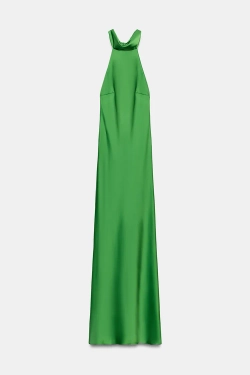 ZARA ДЛИННОЕ АТЛАСНОЕ ПЛАТЬЕ С ЗАВЯЗКАМИ, ИЗУМРУДНЫЙ
