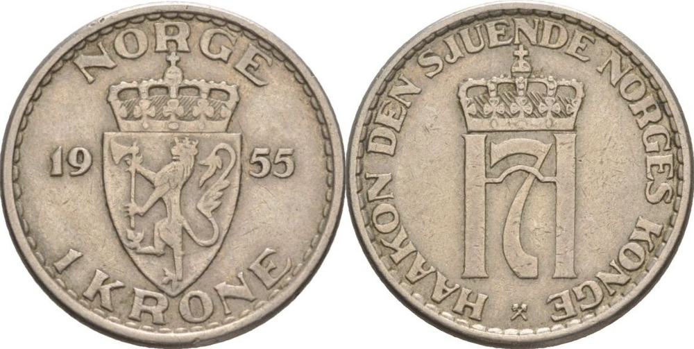 Норвегия 1 крона, 1955 Король Хокон VII XF