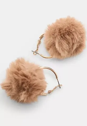 STRADIVARIUS Серьги-кольца с помпоном из искусственного меха, коричневый