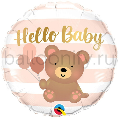 Фольгированная фигура, круг, Hello BABY Мишка с шарами,18"/45CM