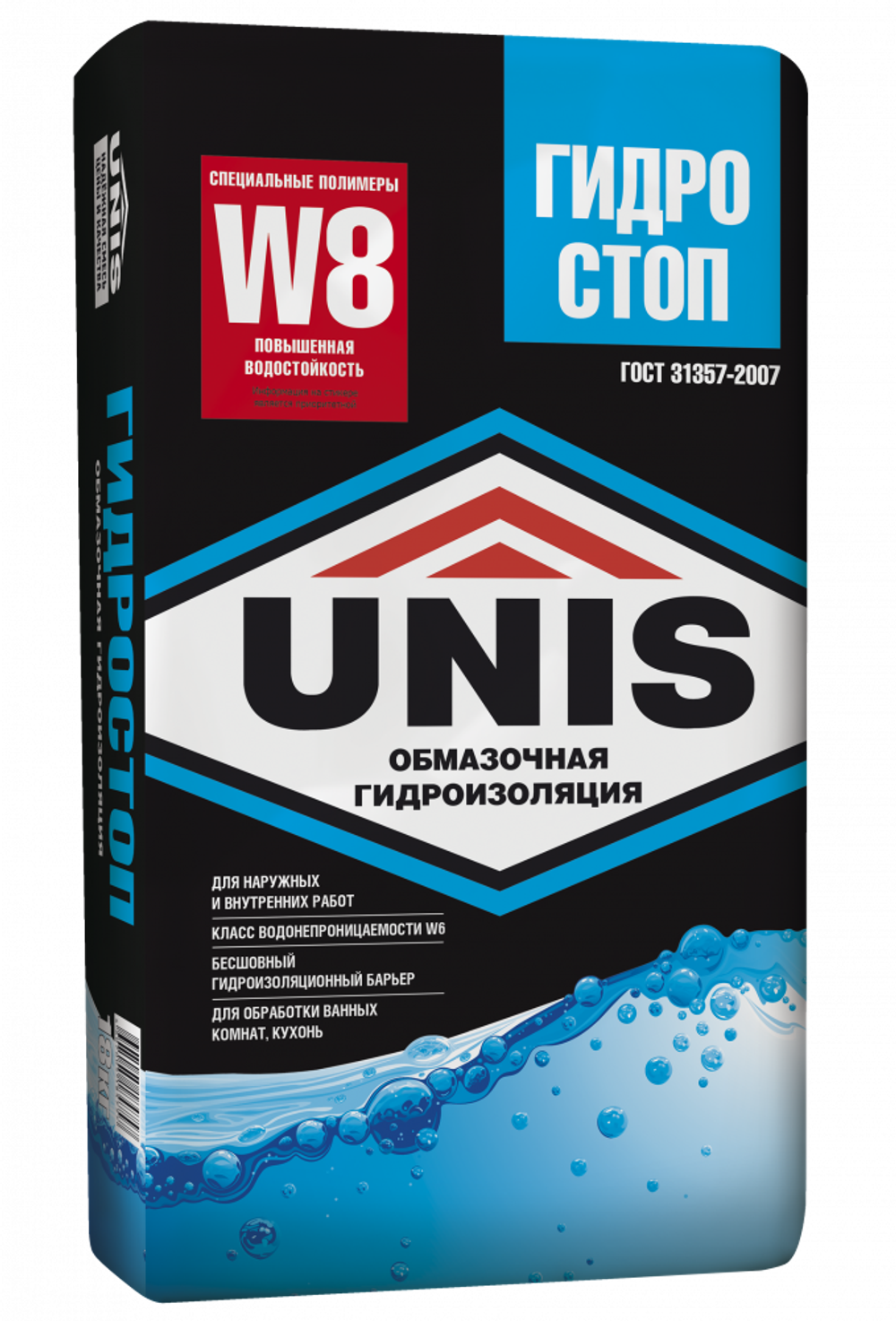 Обмазочная цементная гидроизоляция UNIS ГИДРОCTOП W8 18 кг (72шт/пал)