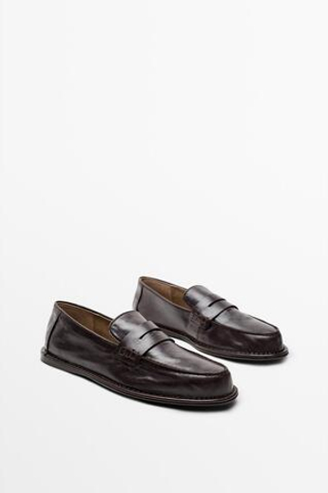Massimo Dutti Лоферы из мягкой кожи с перемычкой, коричневый