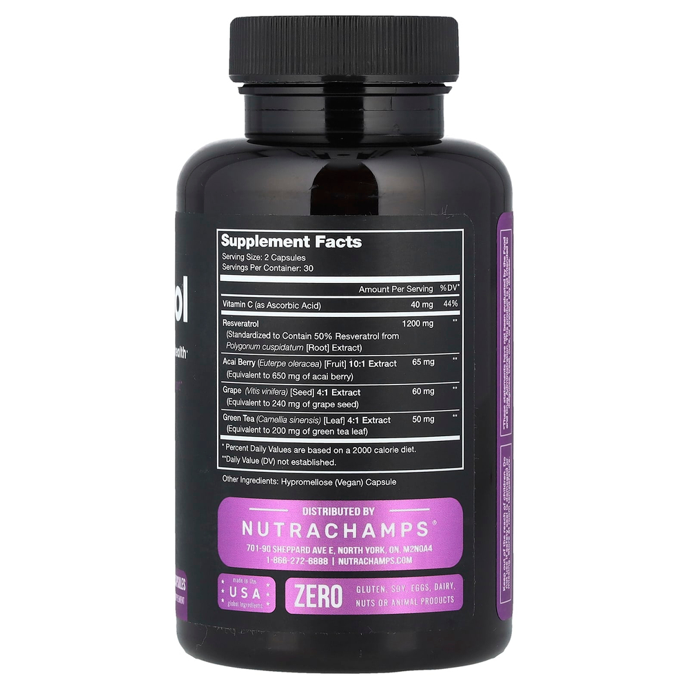NutraChamps, ресвератрол, 60 веганских капсул