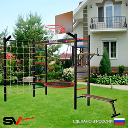 Уличная шведская стенка Sv Sport рукоход с комплектом турник прямой У5525.1К (Брусья/Скамья/Гнездо 100см/Щит баскет/Кронш бокс/Сетка)