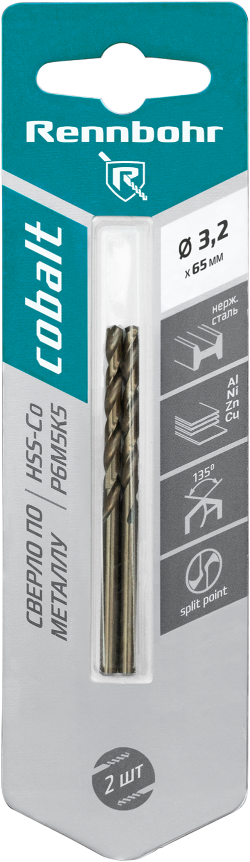 Сверло по металлу, ЦХ, 3,2х65мм, HSS-Co, Р6М5К5, 2шт/уп, RENNBOHR COBALT CARD