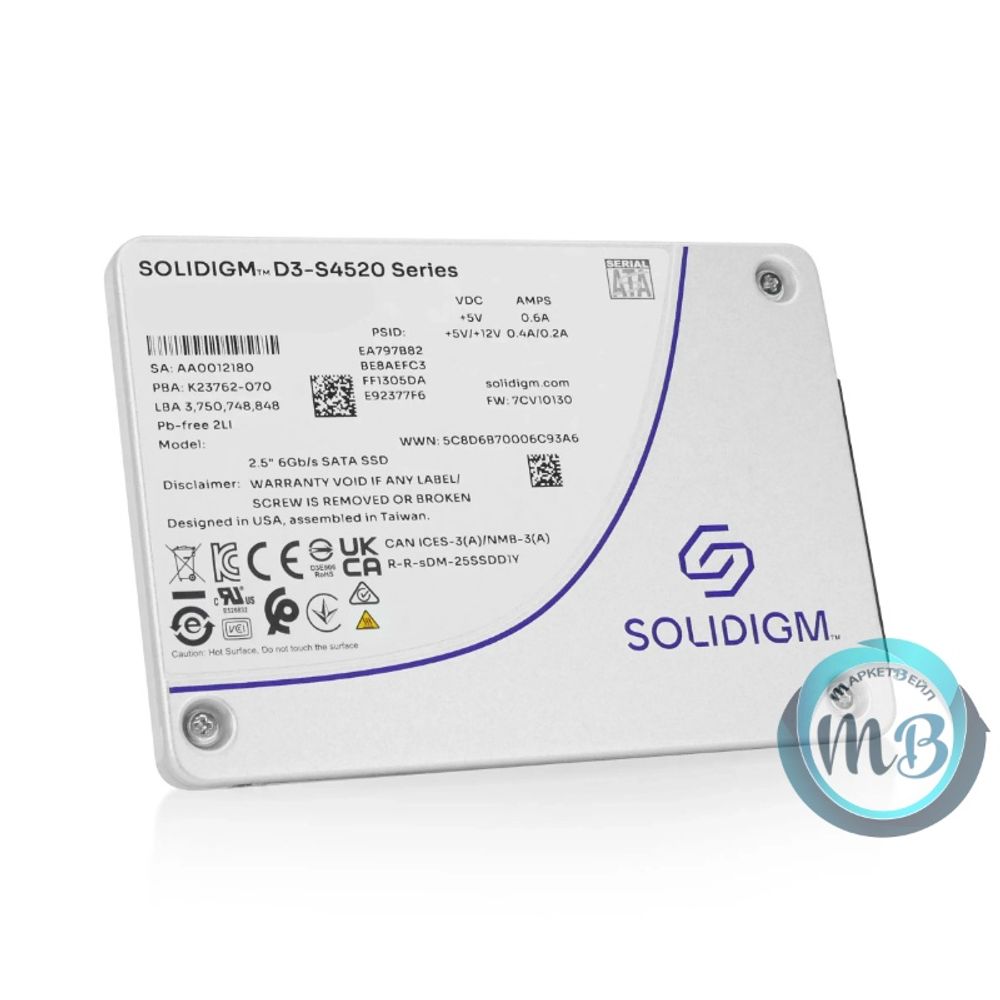 Твердотельный накопитель SSD 7680GB Solidigm D3-S4520 Series, 2.5", SATA III, [R/W - 550/510 MB/s] TBW 36500 OEM