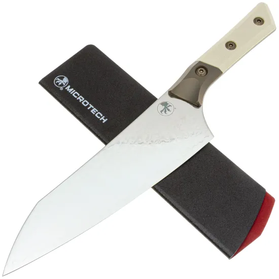 Нож кухонный Microtech Chef's Knife 3000B-16IVPR, San Mai Damascus M390, Bronze Titanium / Ivory G-10 - рукоять G10 / титан, сталь - San Mai Damascus M390