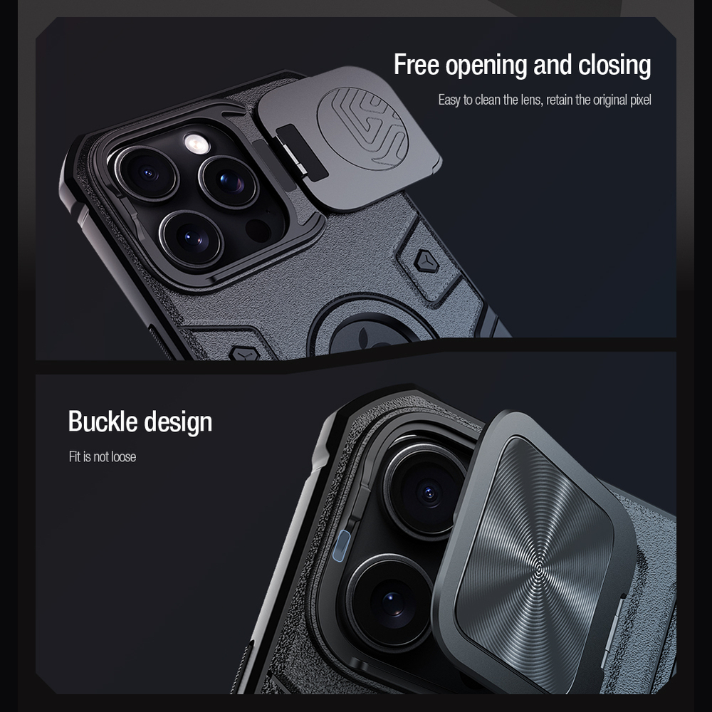 Чехол от Nillkin на iPhone 16 Pro Max с откидной крышкой для камеры и и поддержкой беспроводной зарядки MagSafe, серия CamShield Armor Prop Magnetic