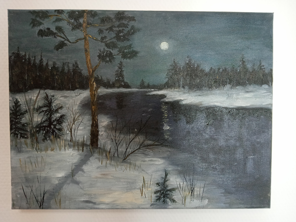 Картина "Зимний вечер". Масло.Кисти.Холст на подрамнике. Масло.31x41 см.Кисти Войтович Н.