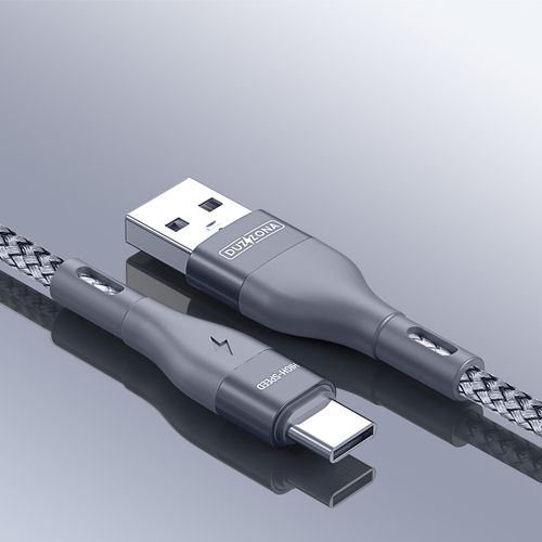 Кабель покрытый нейлоном серого цвета 100см с разъемом USB A на USB Type-C с быстрой зарядкой PD 12W от Duzzona, серия A8 Cable
