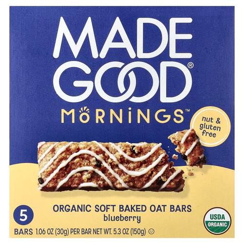 MadeGood, Mornings™, органические запеченные овсяные батончики, со вкусом голубики, 5 батончиков по 30 г (1,06 унции)