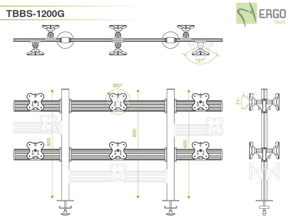 ErgoFount TBBS-1200G Настольное крепление back-to-back для 12 мониторов диагональю до 24'' конфигурации 2х3 со струбциной к столу типа "G". Цвет - серебристый