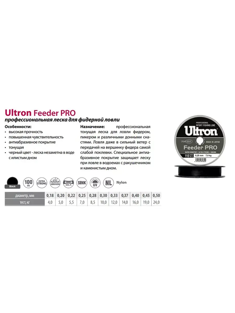 Монофильная леска рыболовная Feeder PRO 0,28 мм, 8,5 кг