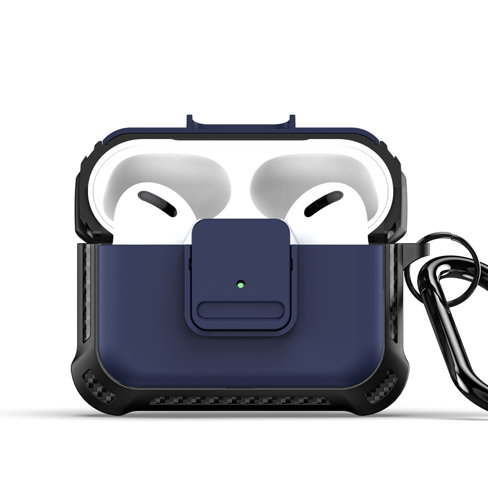 Усиленный чехол с вставками темно-синего цвета от Dux Ducis для наушников Airpods Pro 2, серия PECG Series Case, в комплекте с карабином
