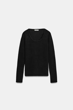 ZARA ФУТБОЛКА В РУБЧИК С ШИРОКИМ ВЫРЕЗОМ, ЧЕРНЫЙ