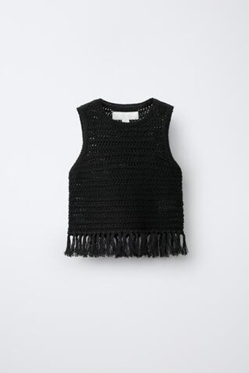 ZARA ТРИКОТАЖНЫЙ ТОП С БАХРОМОЙ, ЧЕРНЫЙ