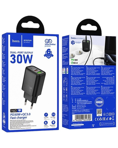 Сетевое зар. устр. Hoco N63 1USB/1С PD/QC3.0 3A 30W белое