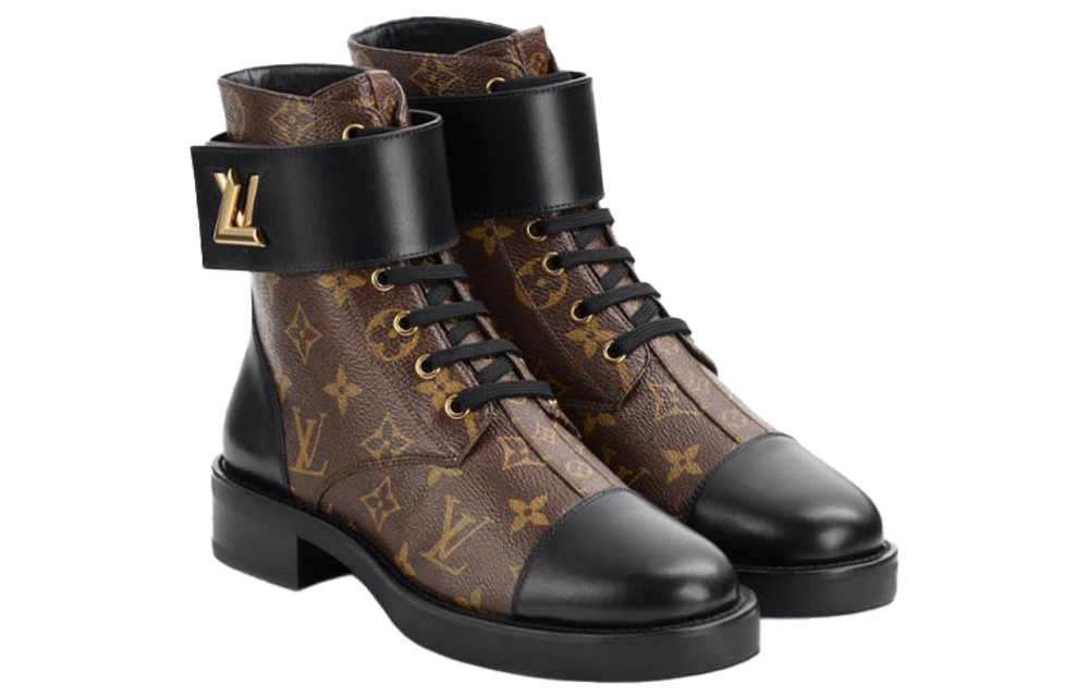 LOUIS VUITTON Lv Wonderland Monogram Canvas Combat Boots Brown Women"s
