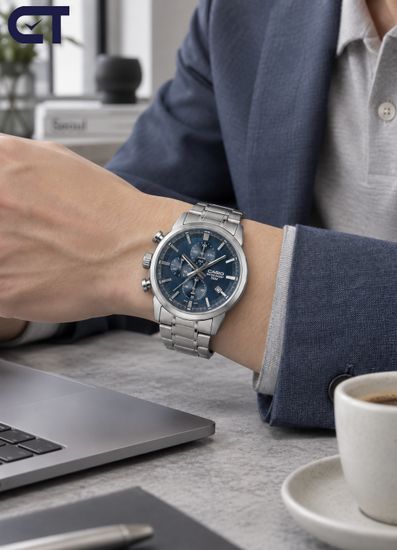 CASIO MTP-E510D-2A2 CASIO Collection мужские наручные часы — синий циферблат, хронограф 1/10 секунды и стальной браслет