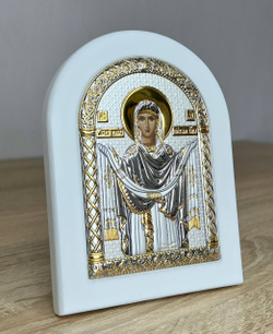 Покрова БМ, икона арочная, белое дерево 105х140 — детальный вид