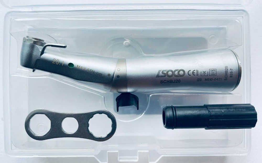 Понижающий угловой наконечник для имплантологии с фиброоптикой Soco B20-7 (20:1) в коробке