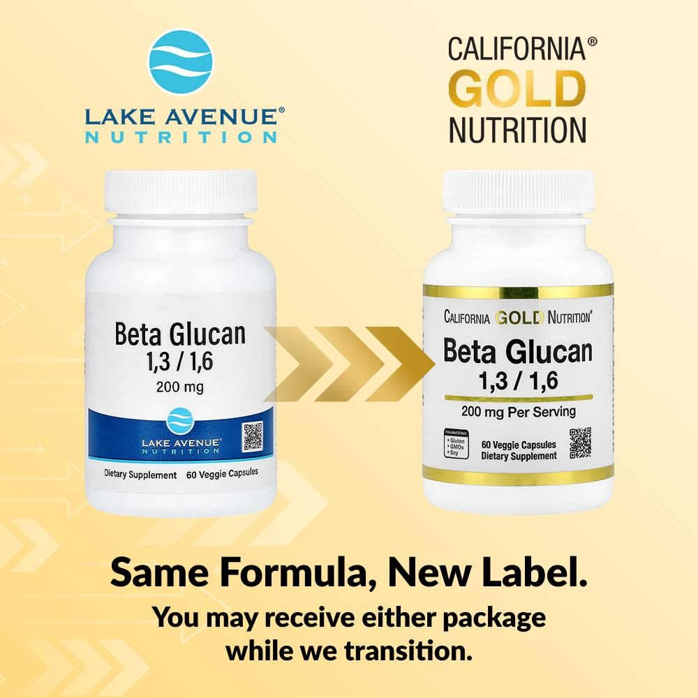 California Gold Nutrition, бета-глюкан 1–3, 1–6, 200 мг, 60 растительных капсул