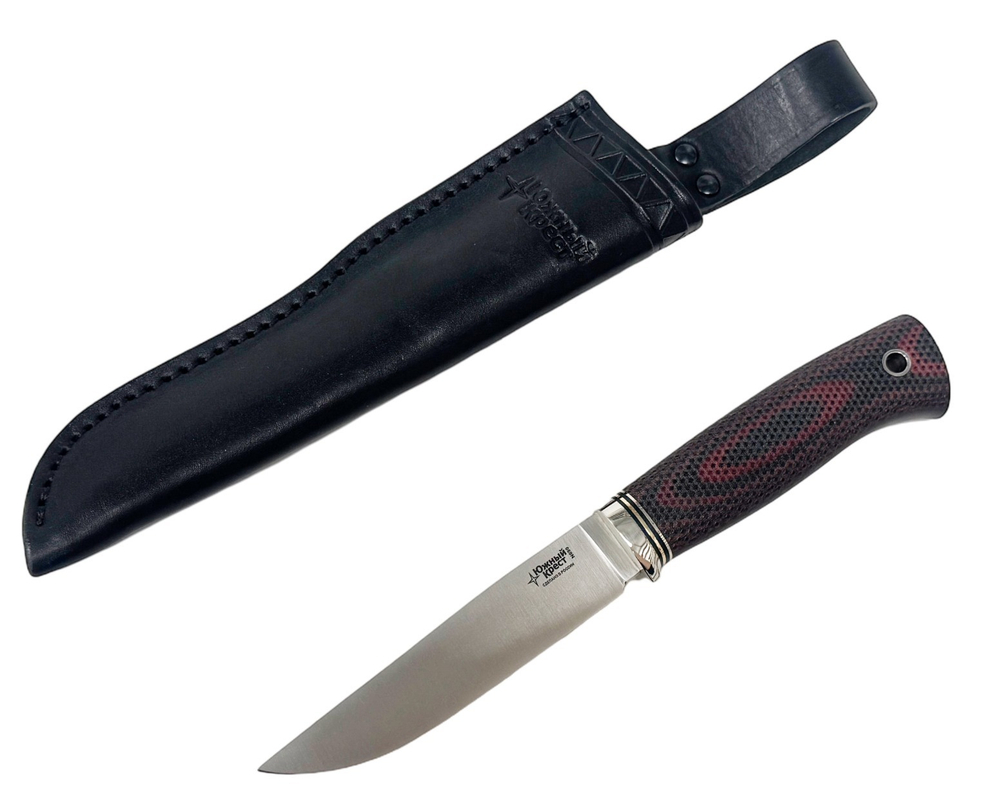Нож Норт Эксперт, N690, микарта красно-черная насечка, гарда мельхиор, 349.5354