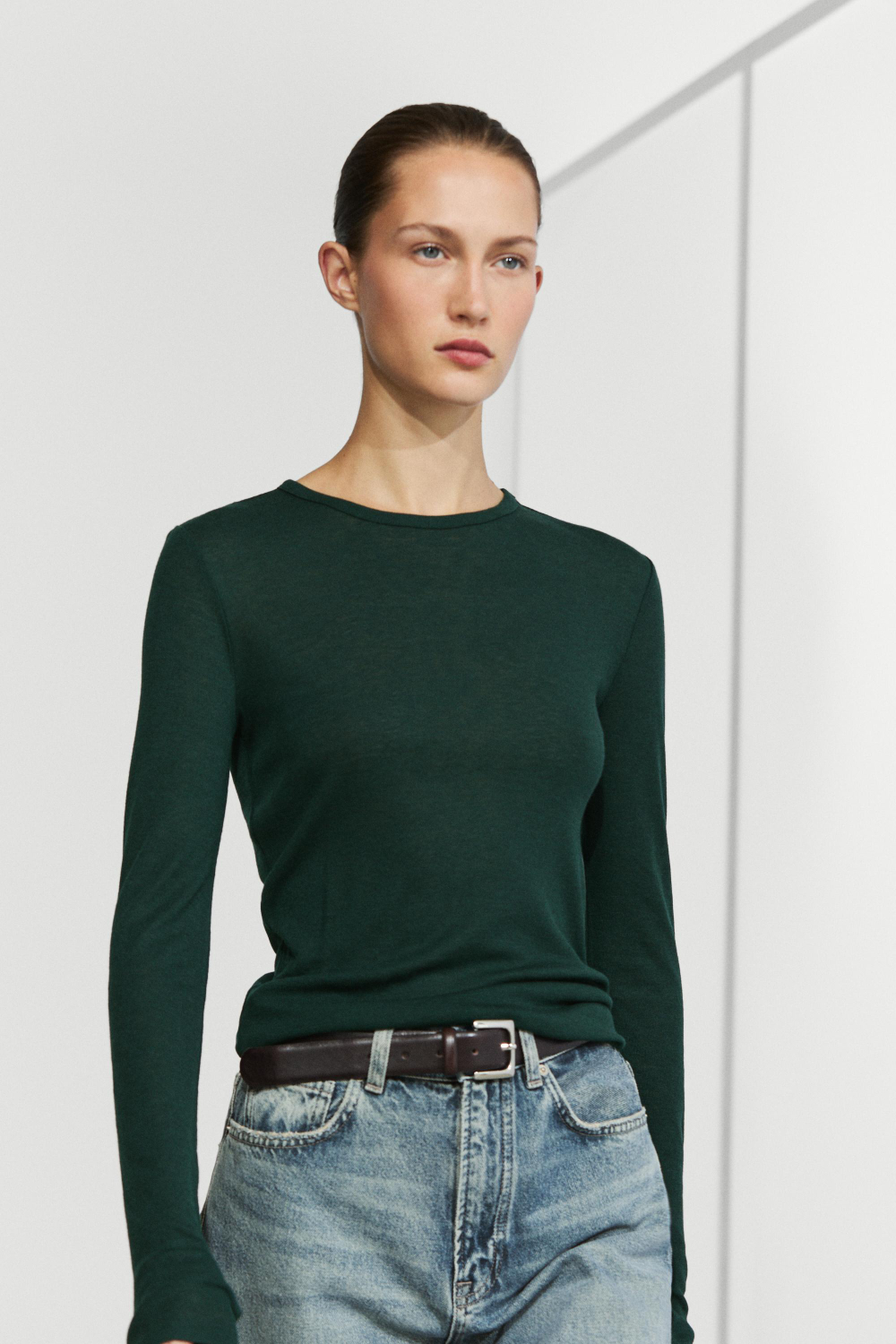 Massimo Dutti Футболка с длинными рукавами из шерстяной смеси, бутылочно-зеленый