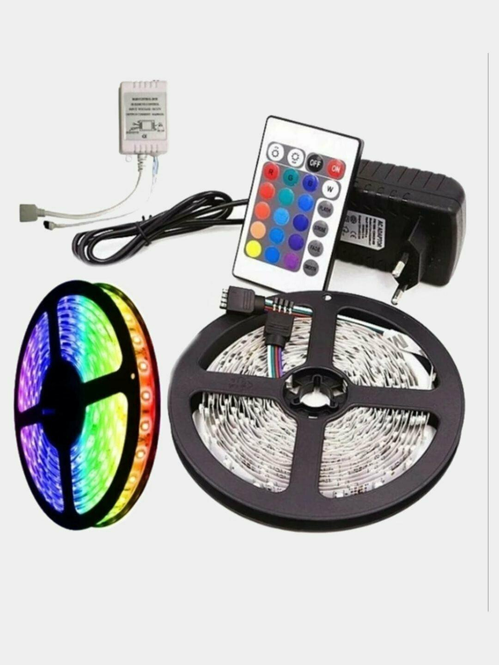 Светодиодная многоцветная RGB лента, 5 м. с блоком питания и пультом