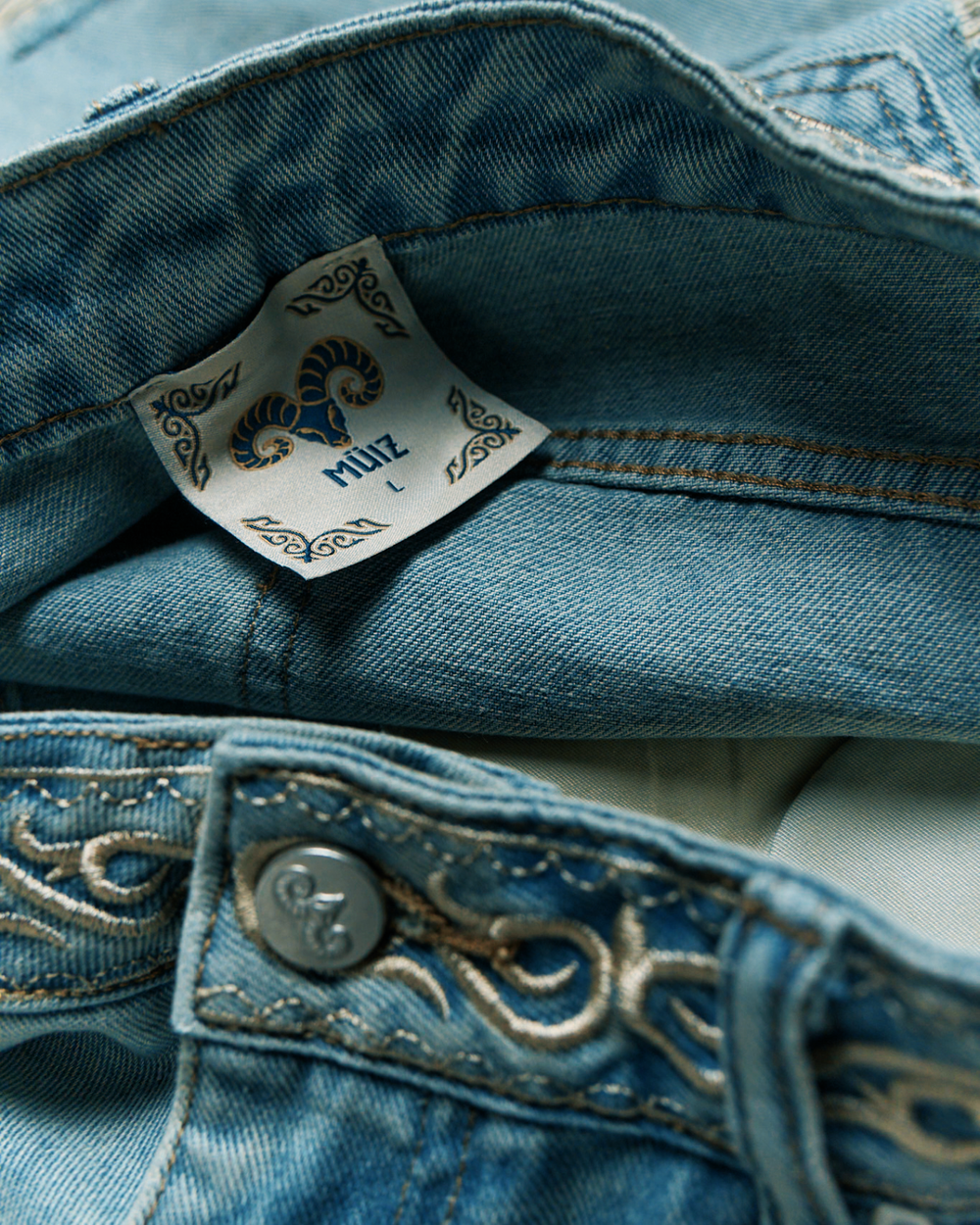 Vintage Grey Blue Jeans with Embroidery and Artistic Distressing