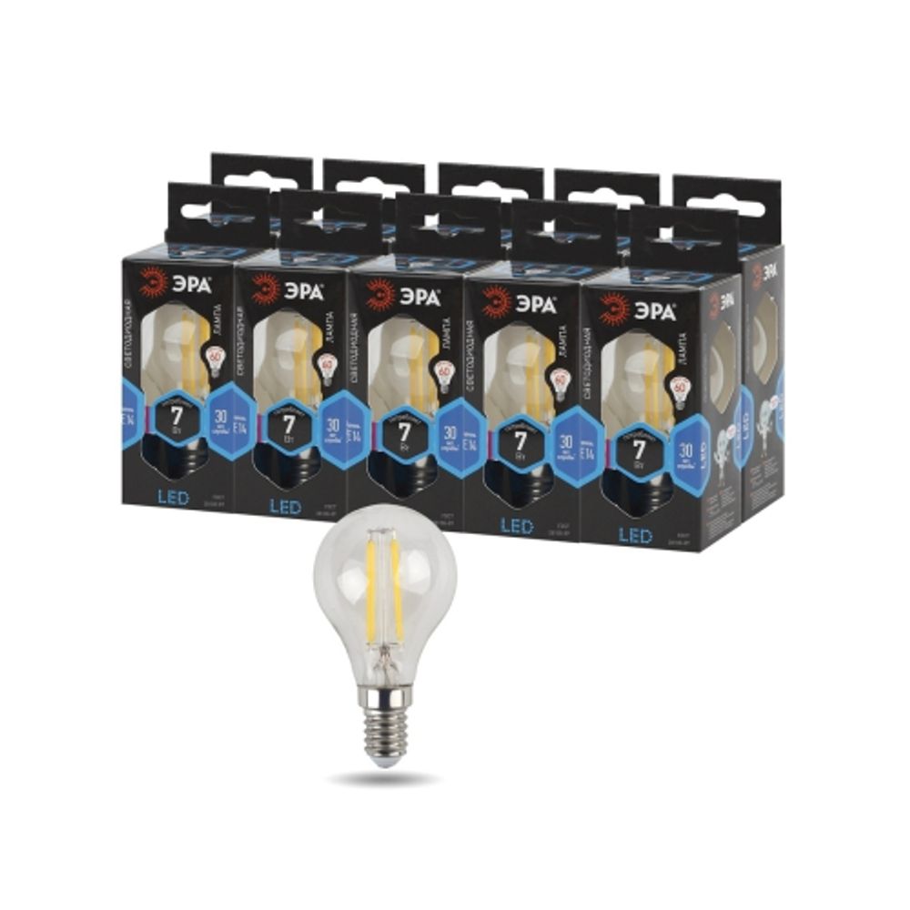 Лампа светодиодная ЭРА F-LED P45-7W-840-E14 7Вт филамент шар нейтральный белый свет Е14 | Филаментные декоративные