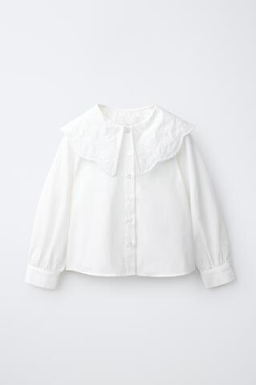 ZARA РУБАШКА С ВЫШИТЫМ КРУГЛЫМ ВОРОТНИКОМ, БЕЛЫЙ