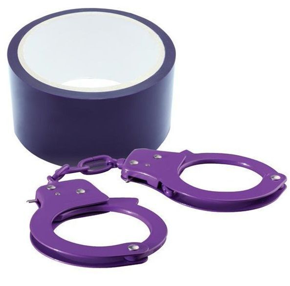 Набор для фиксации BONDX METAL CUFFS AND RIBBON: фиолетовые наручники из листового материала и липкая лента (Цвет: фиолетовый)