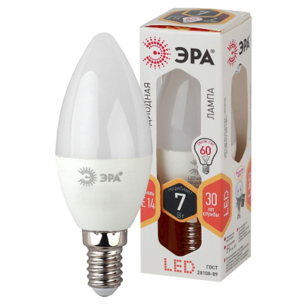 Лампа светодиодная ЭРА STD LED B35-7W-827-E14 7Вт свеча теплый белый свет Е14 | Лампы cветодиодные Свеча (B/C)
