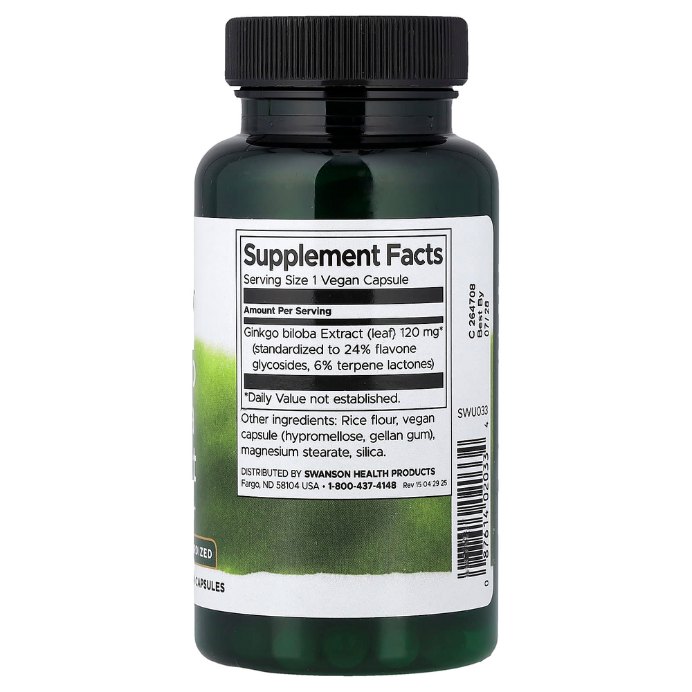Swanson Vitamins, экстракт гинкго билоба, стандартизованный, 120 мг, 100 веганских капсул