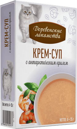 Деревенские лакомства консервы д/кошек «Крем-суп с антарктическим  крилем", пауч 35гр*4шт
