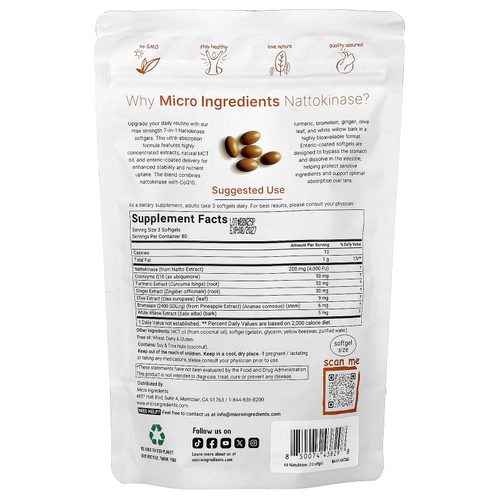 Micro Ingredients, наттокиназа, 240 капсул