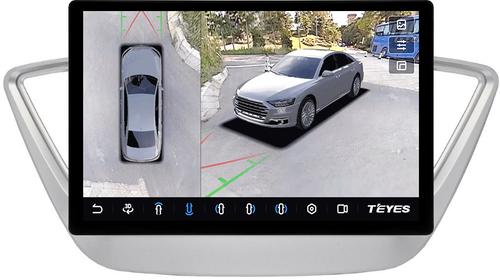 Магнитола для Hyundai Solaris 2 2017-2022 / Solaris HS (без штатной КЗВ, рамка серебро) - Teyes CC3-2K-360 монитор 13" 2K QLED на Android 10, Быстрая, CarPlay, 4G SIM-слот, 4 камеры в комплекте