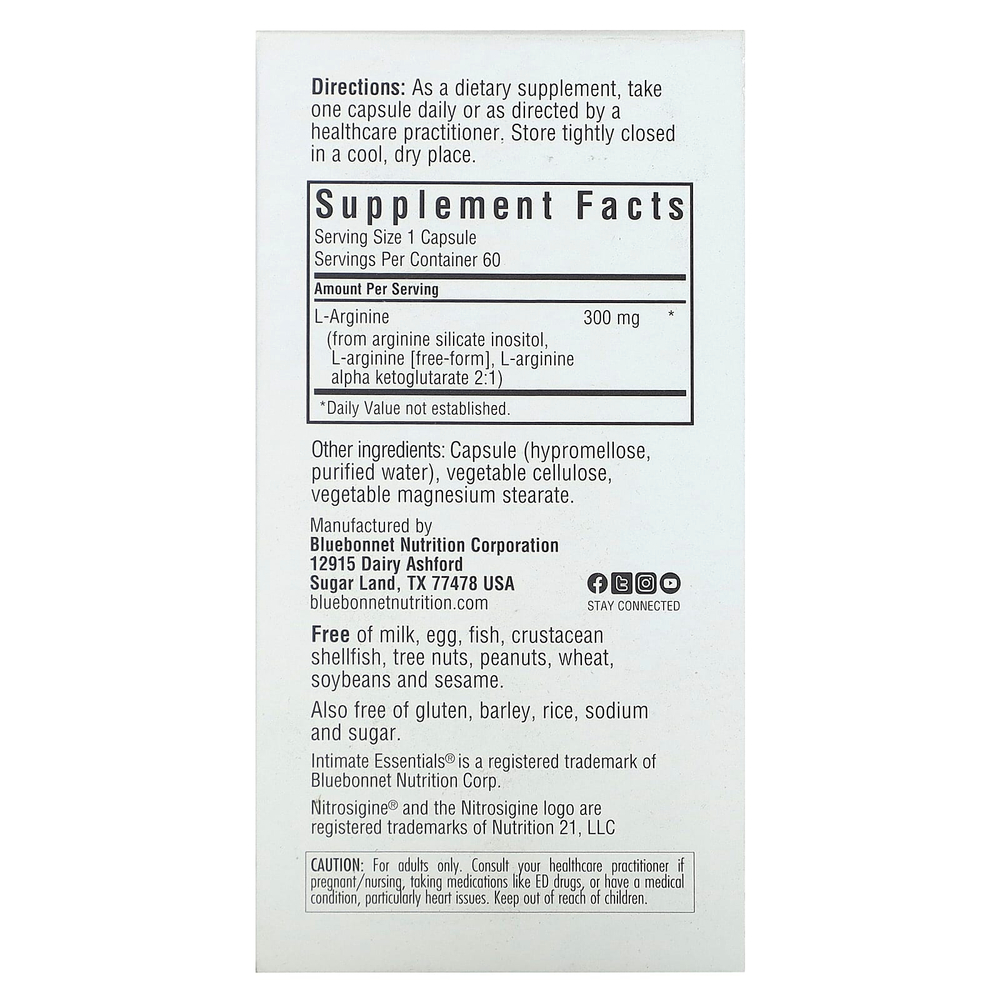 Bluebonnet Nutrition, Intimate Essentials, Nitro, для мужчин и для нее, 60 растительных капсул (300 мг в 1 капсуле)