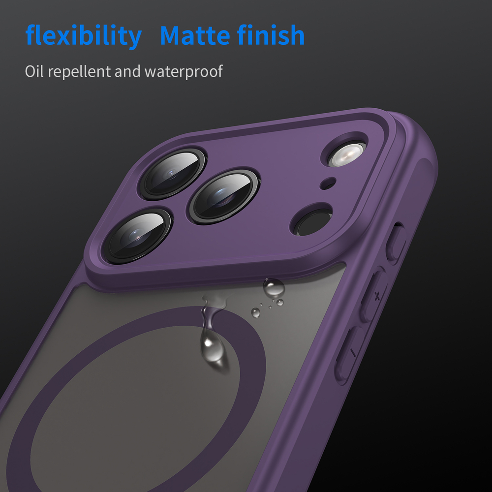Полупрозрачный матовый чехол с MagSafe для iPhone 17 Pro, усиленные боковые рамки фиолетового цвета