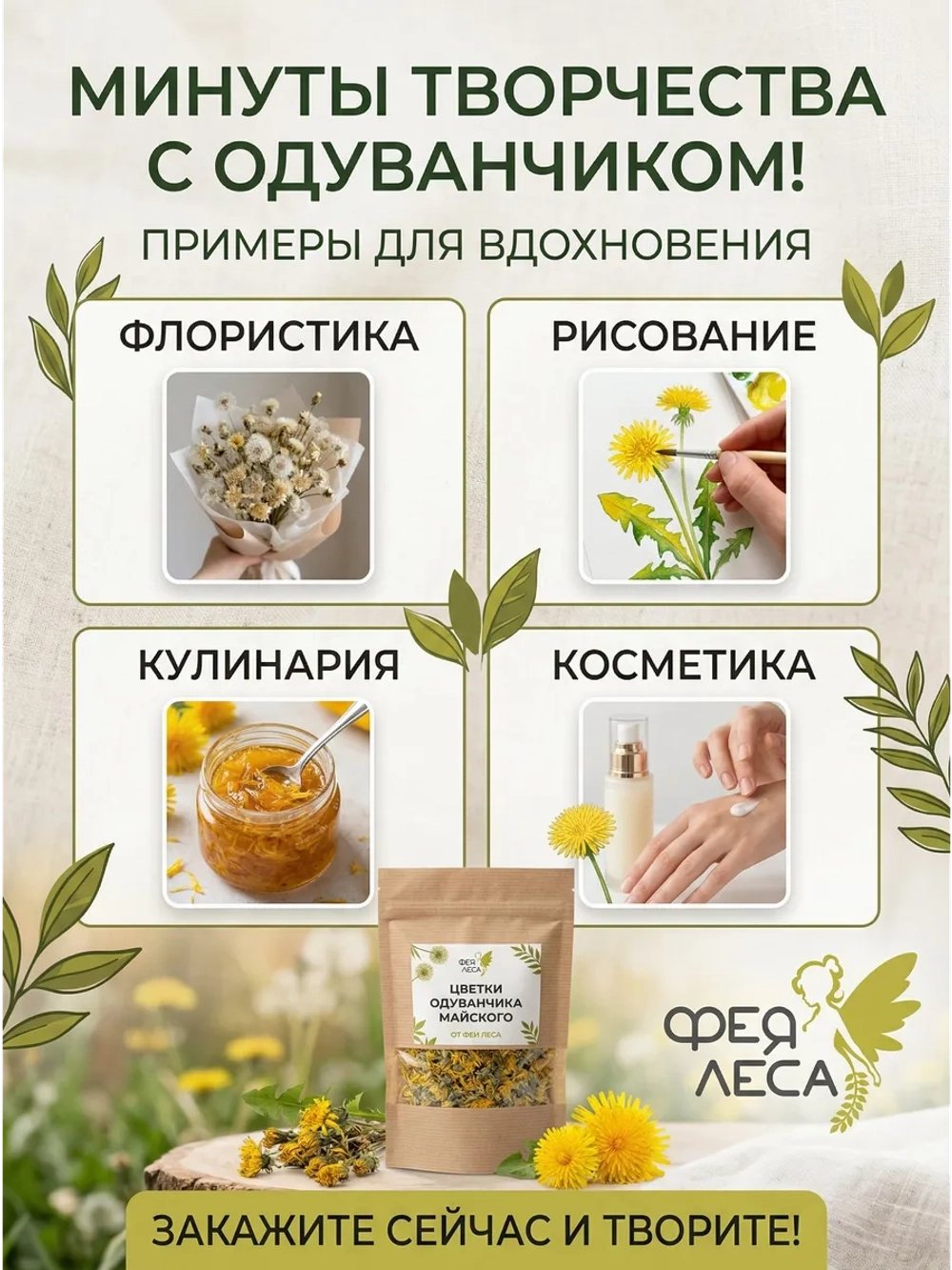 Одуванчик майский цветы сушеные для декора, панно и поделок