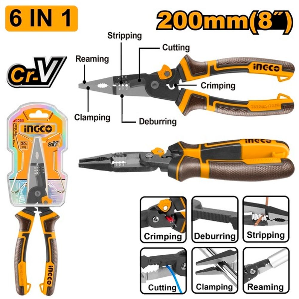 Многофункциональные тонкогубцы INGCO HMFLNP28200 INDUSTRIAL  6 в 1 200 мм