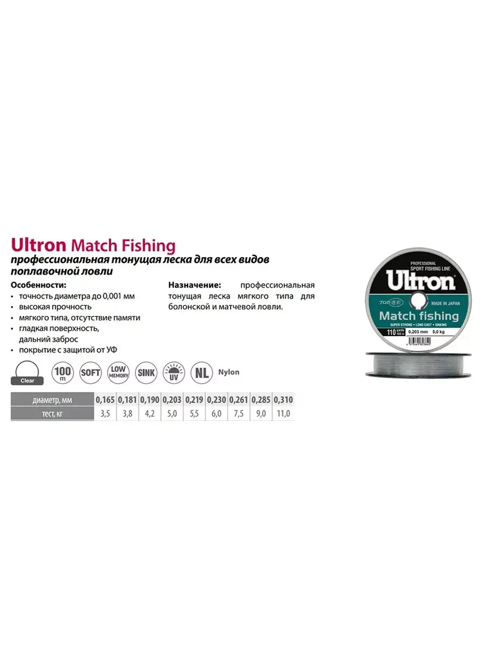 Монофильная леска рыболовная Match Fishing 0,261 мм, 7,5 кг